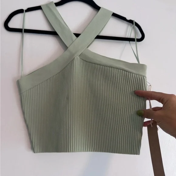 Sage Ribbed Cross-Back Crop Top - Picture 2 of 5